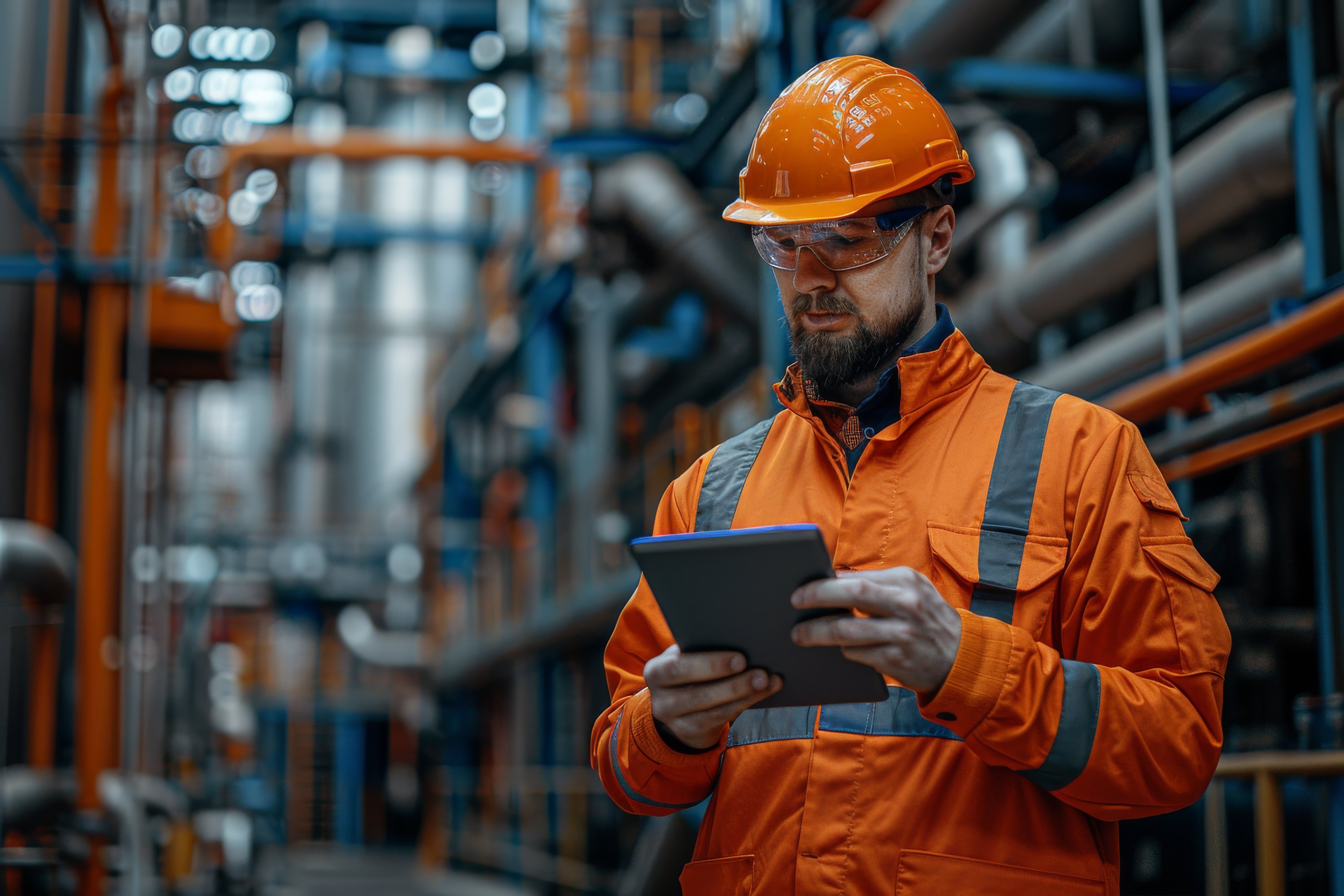 focused-male-engineer-orange-jumpsuit-using-tablet-industrial-setting